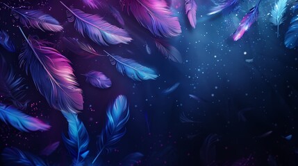 Floating Feathers in Enchanted Dark Blue and Purple Hues
 - obrazy, fototapety, plakaty