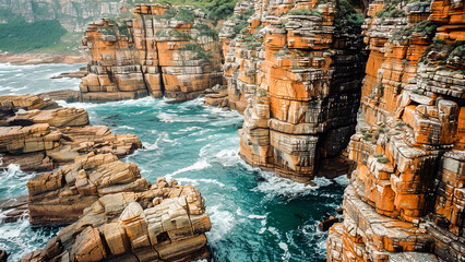 Aerial view of majestic cliffs by the ocean with waves crashing against rugged rock formations. A...