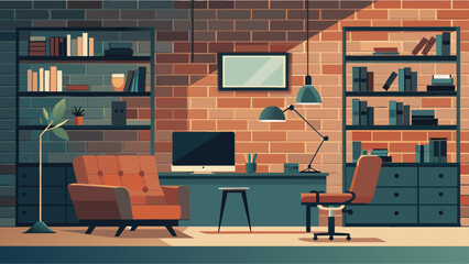 Industrial Chic Drawing inspiration from a modern loft this library home office boasts exposed brick walls metal bookshelves and a vintage © Justlight