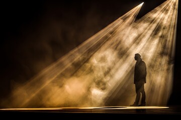 A lone actor stands under a spotlight on a smoky stage, creating a dramatic and mysterious theater scene.
