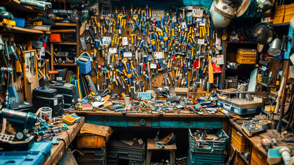 A cluttered workshop with an eclectic array of tools and hardware items spread across a workbench. - Powered by Adobe