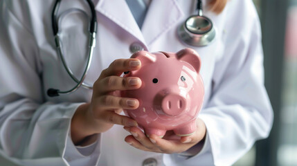 A healthcare professional in a white coat securely holding a pink piggy bank, representing financial health and the cost of medical care