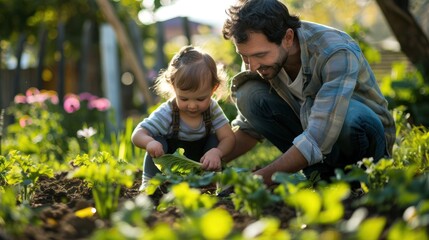 A father and child gardening together in the backyard. 
