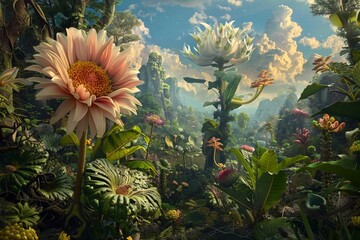 Fototapeta na wymiar A surreal garden filled with giant flowers and towering trees Where magical plants thrive in strange landscapes.