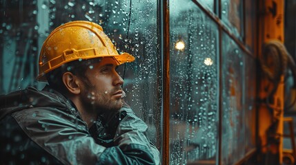 Taking a break, a worker sporting a safety helmet and work clothing stands in front of a window with raindrops falling over it dull face exhausted and space, Generative AI. - obrazy, fototapety, plakaty