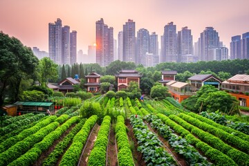 Sunrise over a green urban farm with rows of fresh vegetables, contrasting the adjacent modern cityscape.