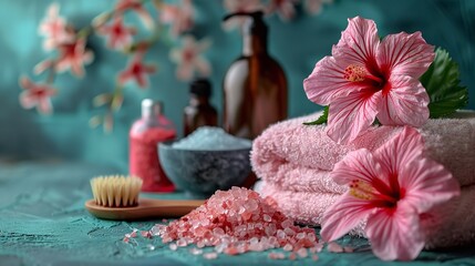 Obraz na płótnie Canvas A spa backdrop with pink hibiscus flower and towel with various bottles in backdrop with space for text or product advertisement, Generative AI.
