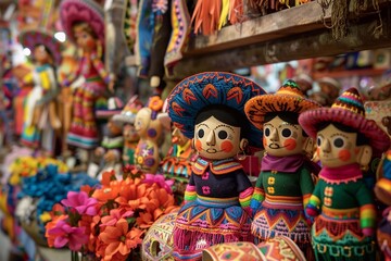 Vibrant and colorful traditional Mexican marionettes displayed for sale at a local market in a traditional style