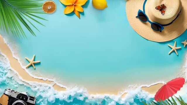 Tourist element, summer background with beach. Seamless looping time-lapse 4k video animation background
