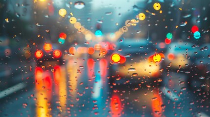 Car driving through rain-splattered windshield