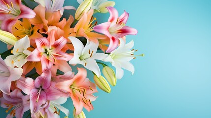 Elegant arrangement of lilies captured from above with a solid, colorful background, ready for your personalized text.