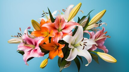 Elegant arrangement of lilies captured from above with a solid, colorful background, ready for your personalized text.