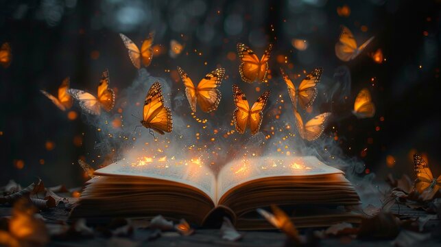 A magical book opening to release a swarm of butterflyshaped pancakes