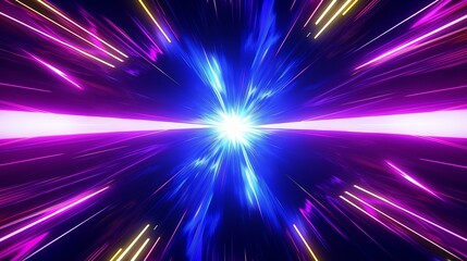 Abstract background with neon light rays and colorful shapes, glowing effect, symmetrical composition on dark background.