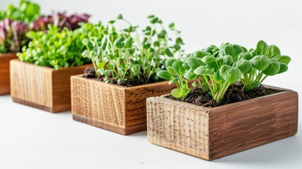 Different types of microgreen in wooden box or container, basilic, dill sprouts, radishes, peas, healthy food and vegan diet concept, plant on a light background, banner photo, AI generated