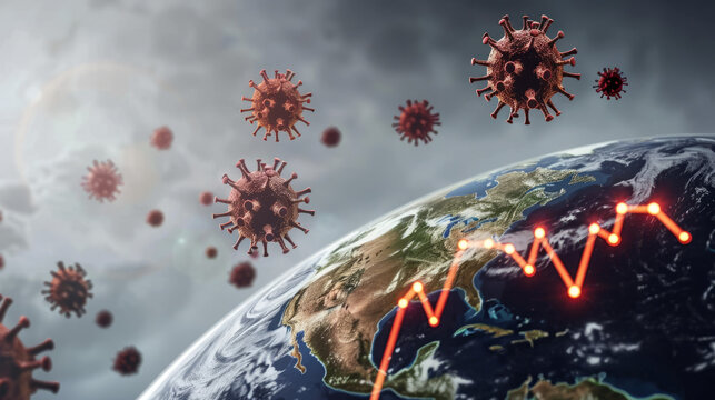 A representation of a global pandemic showing coronavirus particles and the Earth with a downturned economic graph