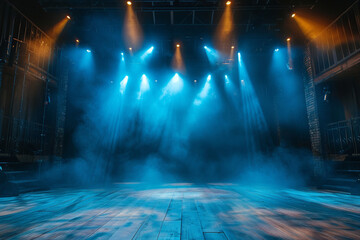 Empty stage with blue lighting in grunge interior. Light beams