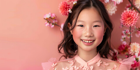 Obraz na płótnie Canvas Asian girl, smiling with teeth showing, against a pink background, generative AI