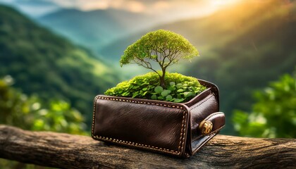 A photo manipulation of a wallet opening to reveal a miniature lush garden inside symbolizin
