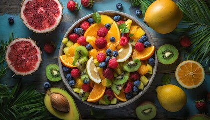 An overhead shot of a colorful fruit salad with a variety of tropical fruits