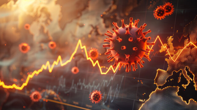This image visualizes the economic impact of the Covid-19 pandemic with virus particles and an economic graph