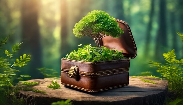 A photo manipulation of a wallet opening to reveal a miniature lush garden inside symbolizin