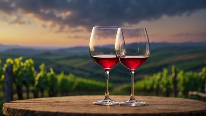 Two glasses of red wine on wooden table on vineyard background at sunset