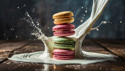 A dynamic splash of milk around a stack of colorful macarons capturing movement and playfuln