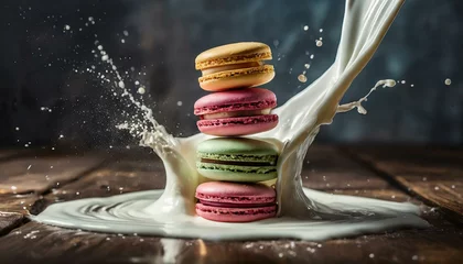 Photo sur Plexiglas Macarons A dynamic splash of milk around a stack of colorful macarons capturing movement and playfuln
