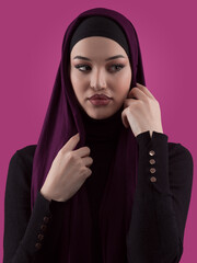 Modern Muslim woman wearing stylish hijab casual wear isolated on pink background. Diverse people model hijab fashion concept. - 781037343