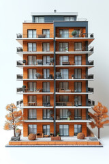 A tall building with balconies and a tree in front