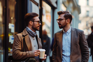 Two businessmen communicate and drink coffee on the street. Discussion of a business project