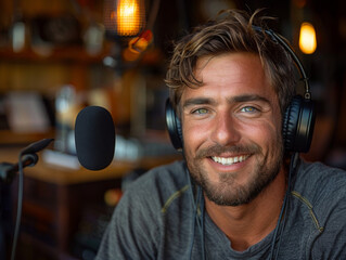 A man wearing headphones and smiling