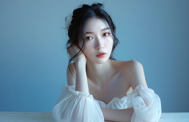 Beautiful Chinese female model in a photo shoot. She has exquisite features and a perfect body shape, wearing a white dress with transparent glass-like skin on her upper arms