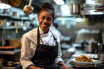 Portrait of a smiling black girl cook in a restaurant kitchen - Powered by Adobe