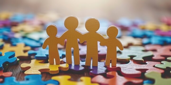 Autism Spectrum Disorder family support concept. Wooden figures on puzzle pieces symbolizing support