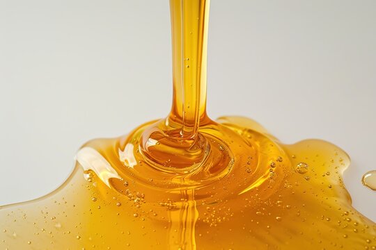 Liquid honey pouring onto a white flat surface. Stock image.