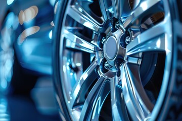 Close-up of a shiny alloy wheel on a modern car with blue light reflections.