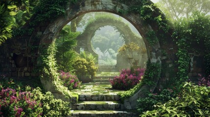 Amidst a sea of lush greenery and delicate flowers a stone moon gate invites you to step into a hidden paradise a secret garden waiting . . - obrazy, fototapety, plakaty