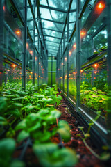 A greenhouse filled with plants and lights