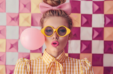 A beautiful woman with her hair in an elegant updo, wearing bright yellow sunglasses and pink lipstick, blowing kiss signs against the background of black and white checkered tiles