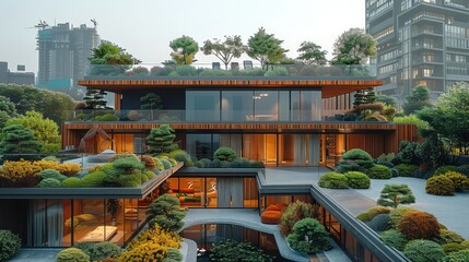 Fototapeta na wymiar Modern wooden buildings, rooftop garden. Generative AI.