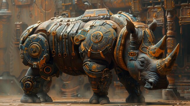 A stoic rhino in armorinspired fashion, with metallic accents that highlight its powerful form  3D Render