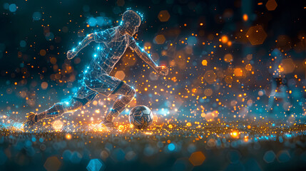 A soccer player is kicking a ball in a field of glowing stars