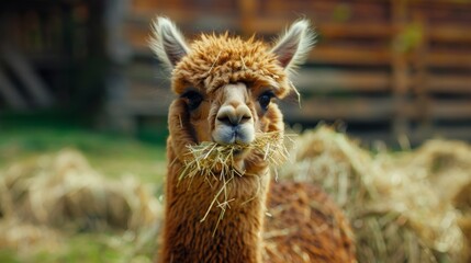 Fototapeta premium A llama grazing on grass in the field