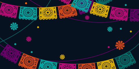 Hispanic heritage month background. Vector web banner, poster, card for social media, networks. Greeting national Hispanic heritage month, garlands of flags pattern on blue background.