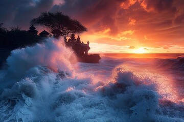 The cult temple of Tanakh Lot is located on a rocky ledge in the middle of waves crashing on the shore.  Bright sunsets color the sky in orange and pink tones.
