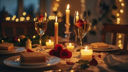 A romantic candlelit dinner at home, setting the stage for a surprise proposal.  - Powered by Adobe