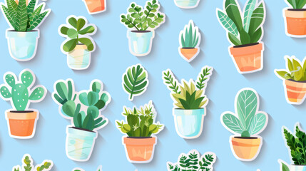 Sticker vector illustration of a cute houseplant pattern with various plants in pots on a light blue background - obrazy, fototapety, plakaty