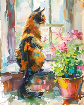 Oil painting features a cat sitting by the window vintage  wall art, farmhouse decor, digital art print, wallpaper, background 